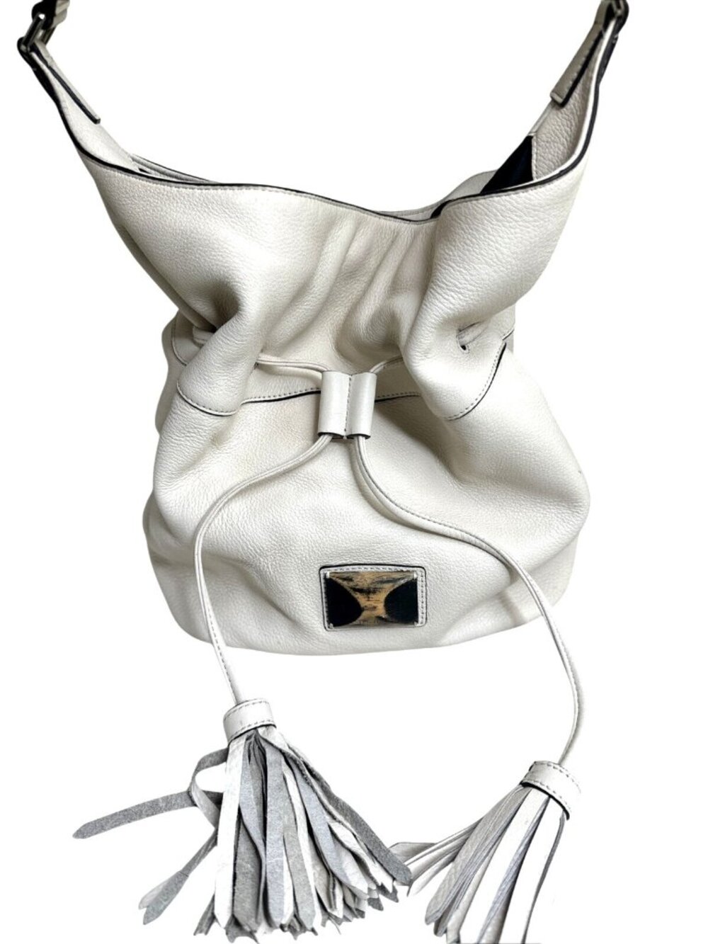 DKNY White Leather Drawstring Shoulder Bag With Tassels